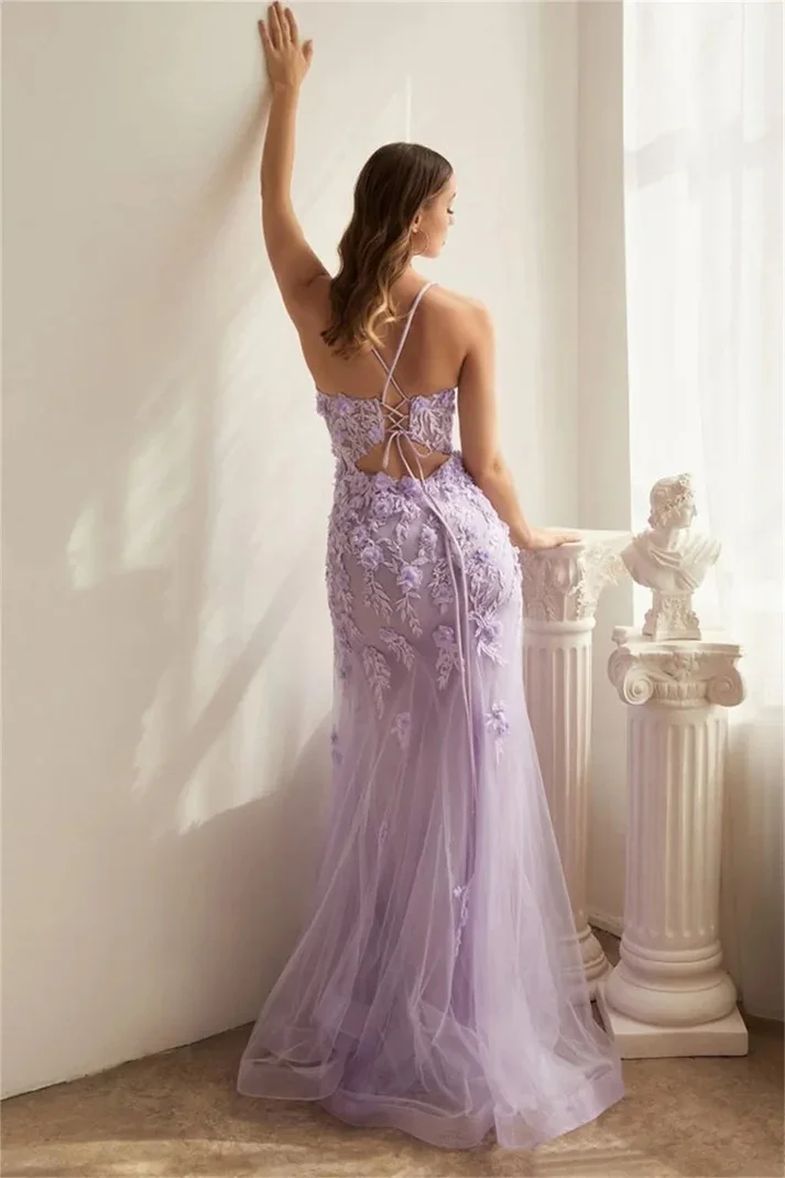 Prom Dresses Mermaid Lilac Blue Tulle Lace Applique Floral Spaghetti Strap Corset Back Evening Gowns Long Floor Length