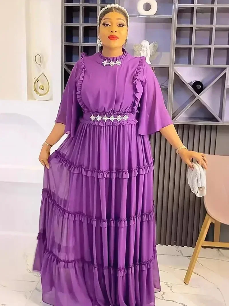 Elegant Party Dresses Woman Chiffon Pleated Long Robe 2025 Autumn Prom Evening Gown African Clothes Office Ladies Dress Kaftans