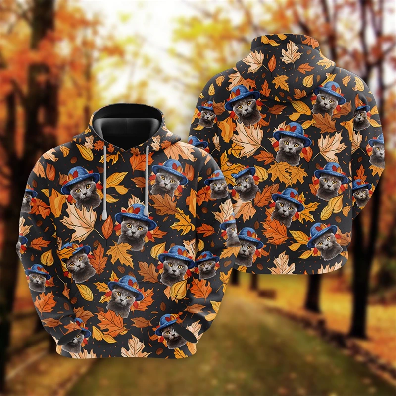 

Funny Cats Graphic Sweatshirts Happy Thanksgiving Hoodies For Men Clothes Casual Pet Pullovers Maple Leaf Tracksuit Cat Hoody