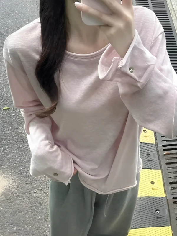Pink Long Sleeve T-Shirt Breathable Casual Loose Fit Comfortable High Waist round Neck Moisture Wicking UV Protection Thin