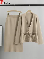 Elegant Loose Knitted 2 Piece Sets Women Korean V-neck Knitwears Sweater Cardigan Tops Conjuntos High Waist Split Skirts Outfit