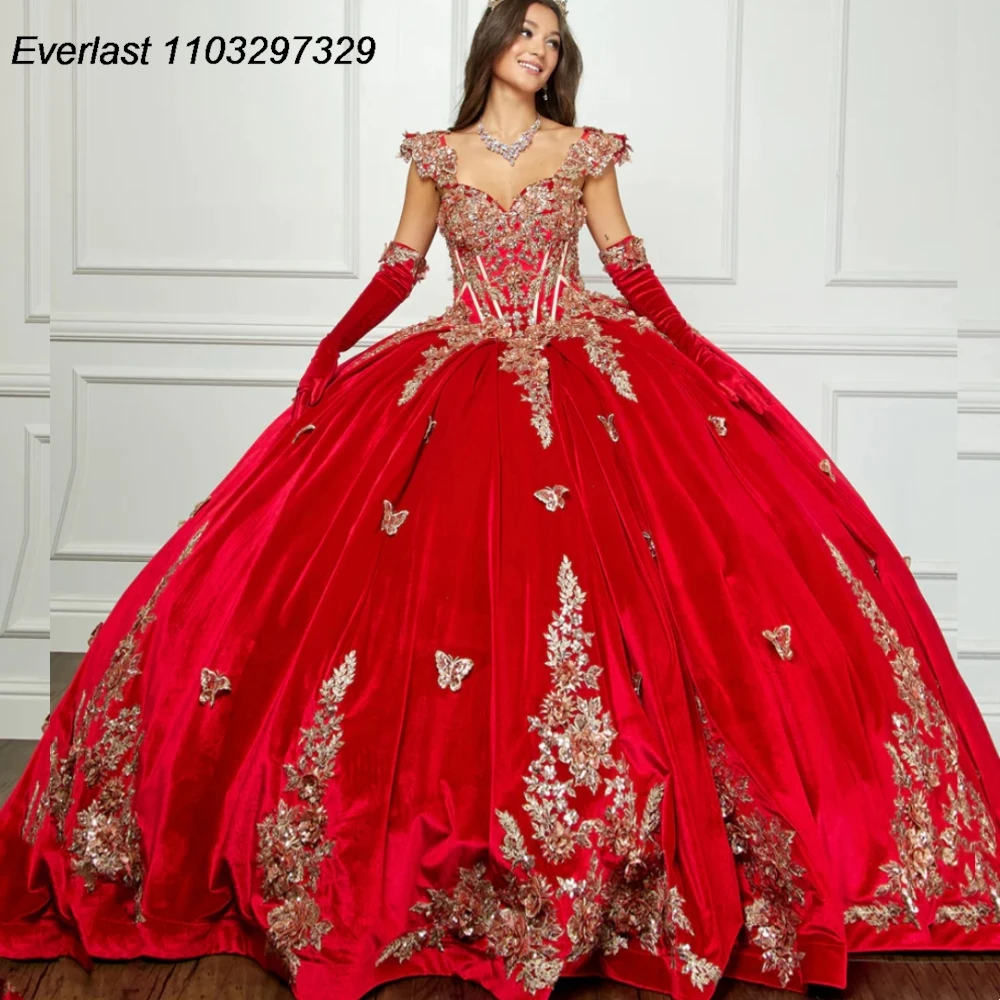 EVLAST-vestido De quinceañera rojo con purpurina, traje De baile De mariposa dorada, apliques De cuentas, dulce mexicano 16, 15 años, TQD640