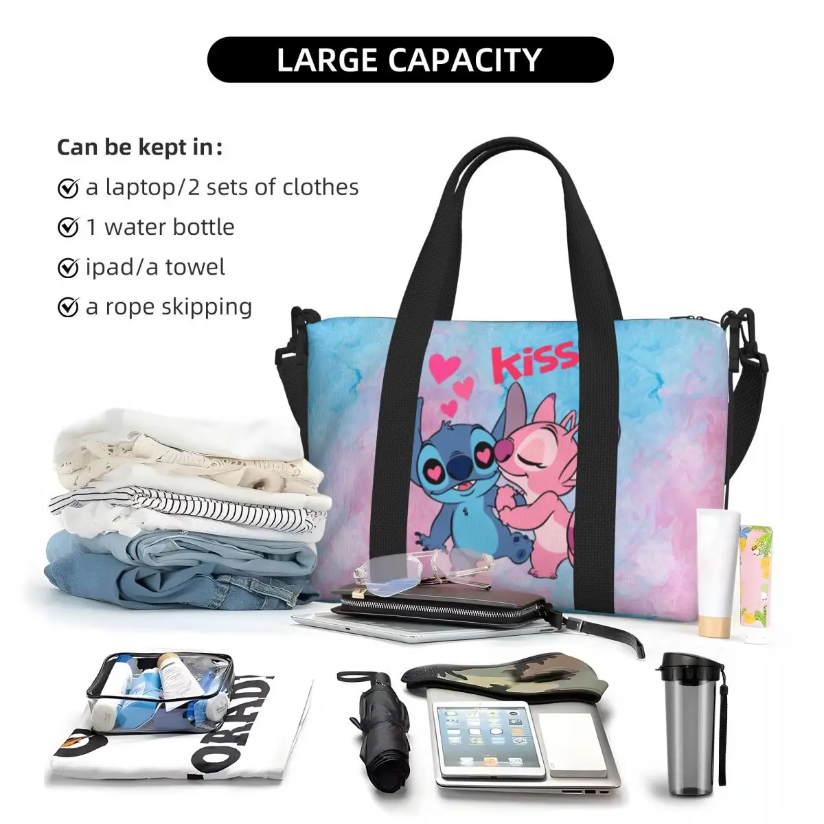 Custom Stitch Lion Cute Beach Tote Bag para as Mulheres, Ginásio Extra Grande Carry On, Sacos de compras de viagem filme