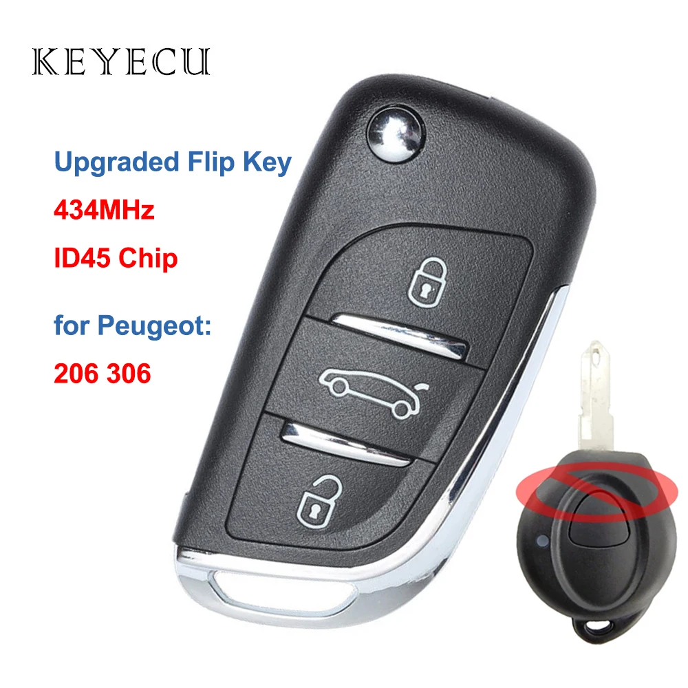 Keyecu Upgraded Flip Remote Control Car Key Fob 434MHz ID45 Chip for Peugeot 206 306 from 1998 - Uncut Blade