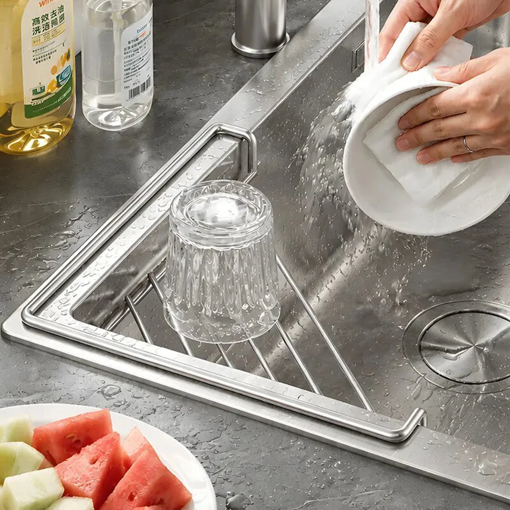 Stainless Steel Corner Sink Drain Rack Kitchen Sink Brush Sponge Caddy Organiser Quick Drainage Easy Installation Kitchen Sink