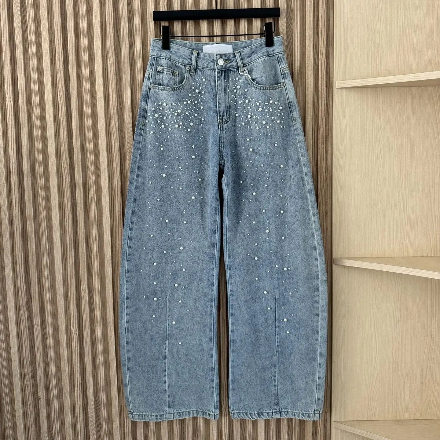 

25 High-end Light Luxury Customized Exquisite Handmade Nail Bead Hot Stamping Diamond Bending Knife Wide Leg Jeans