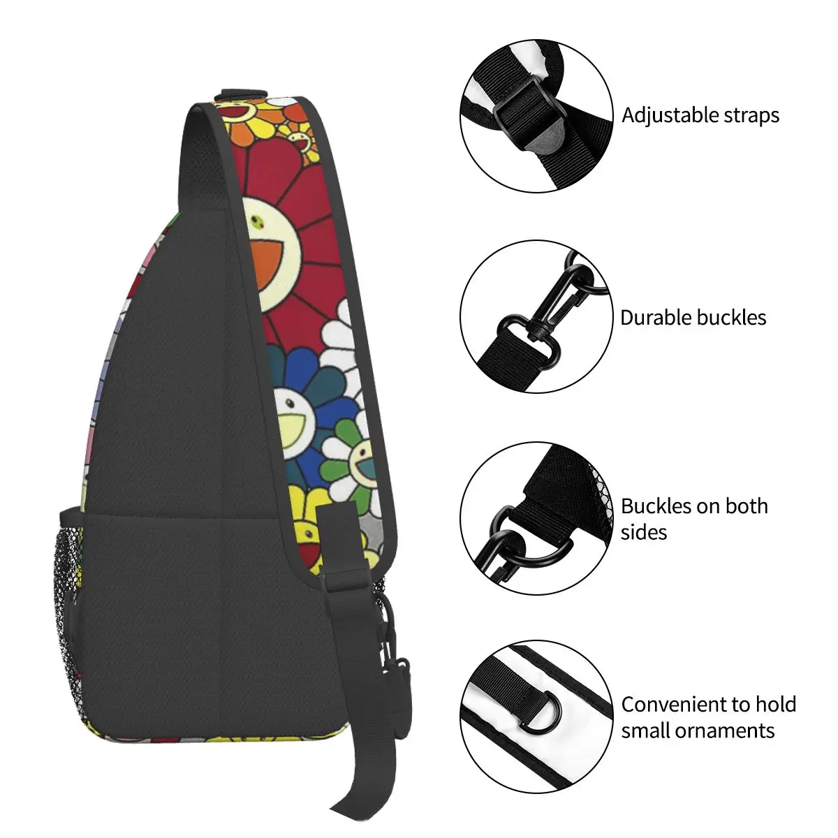 Happy Flowers Crossbody Sling Bags Padrão Peito Bag Girassol arte Ombro Mochila Mochila para Viagem Caminhadas Camping Satchel