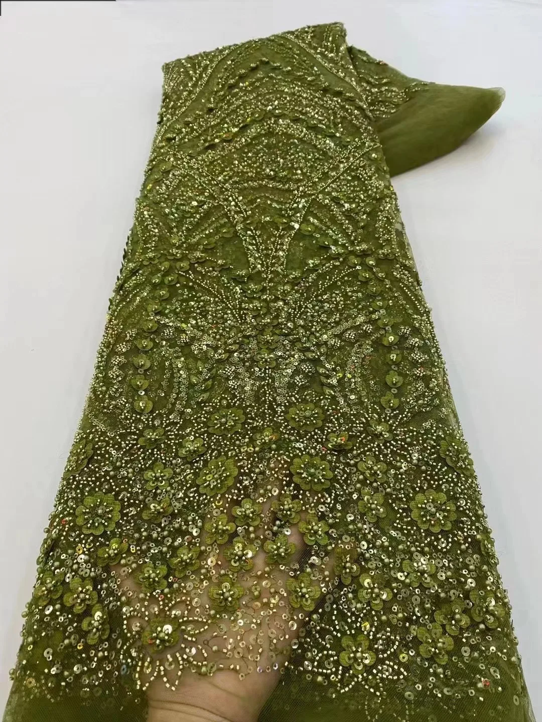 

Wholesale African Heavy Beaded Lace Fabric, Nigerian Sequins Groom Fabric, Wedding Party Dress, High Quality, 5 Yards