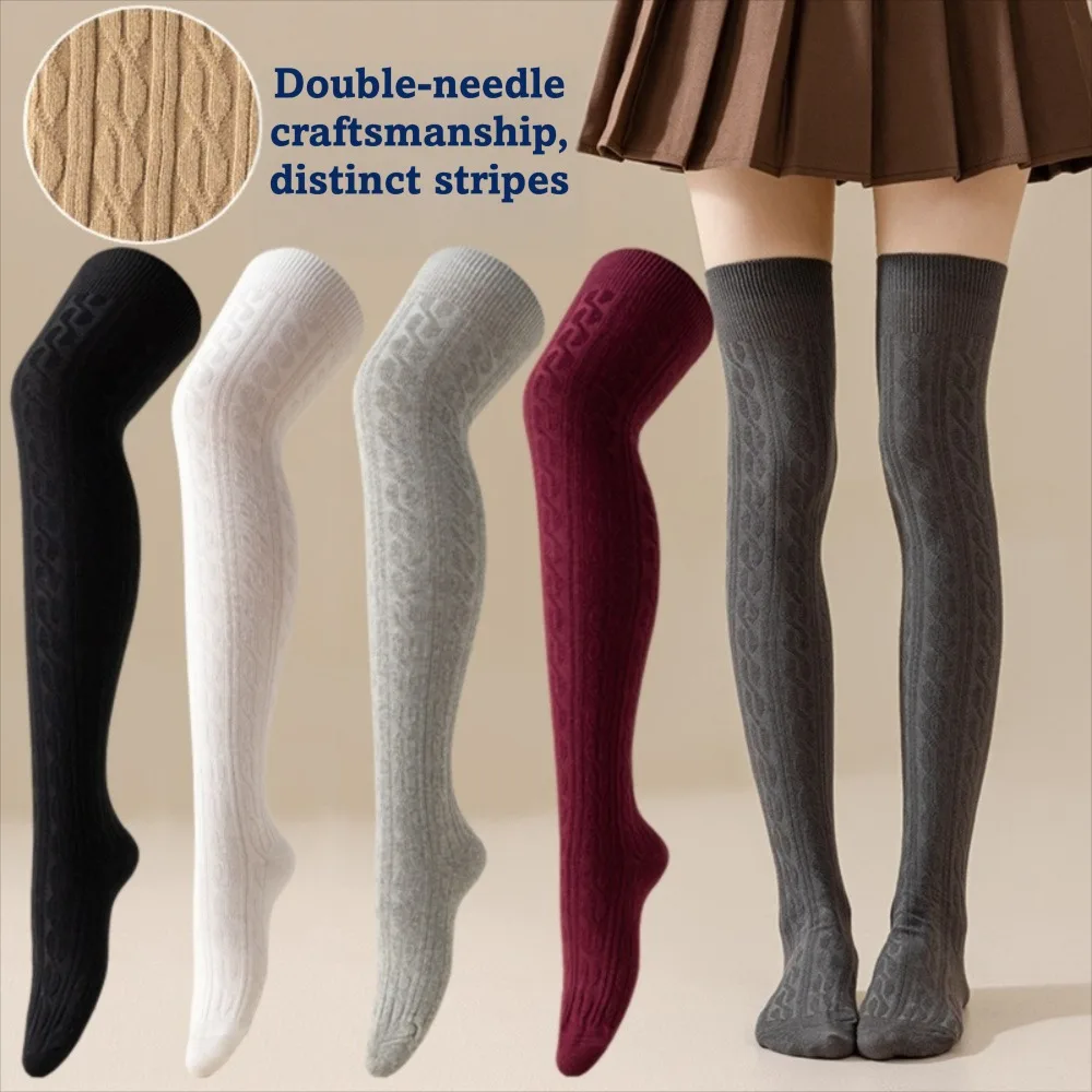 

Japanese Knee High Socks Fried Dough Twists Pattern Thickened Long Stockings Solid Color Warm Thigh Socks