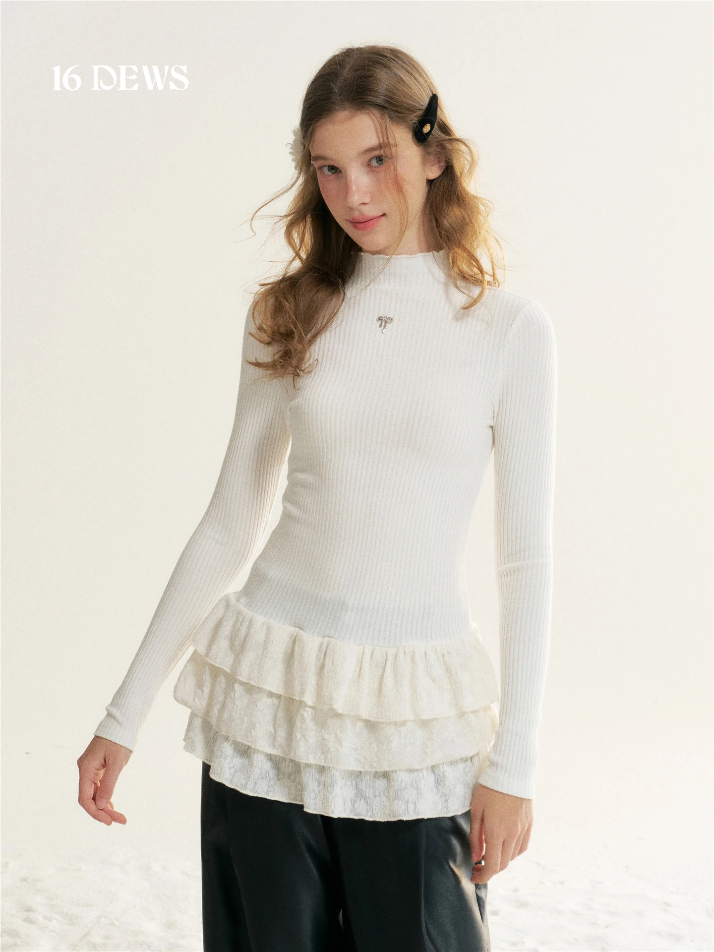 

Женская трикотажная кофта 6DEWS с кружевной отделкой, длинным рукавом, высоким воротом, многослойная, повседневная, из зимней коллекции