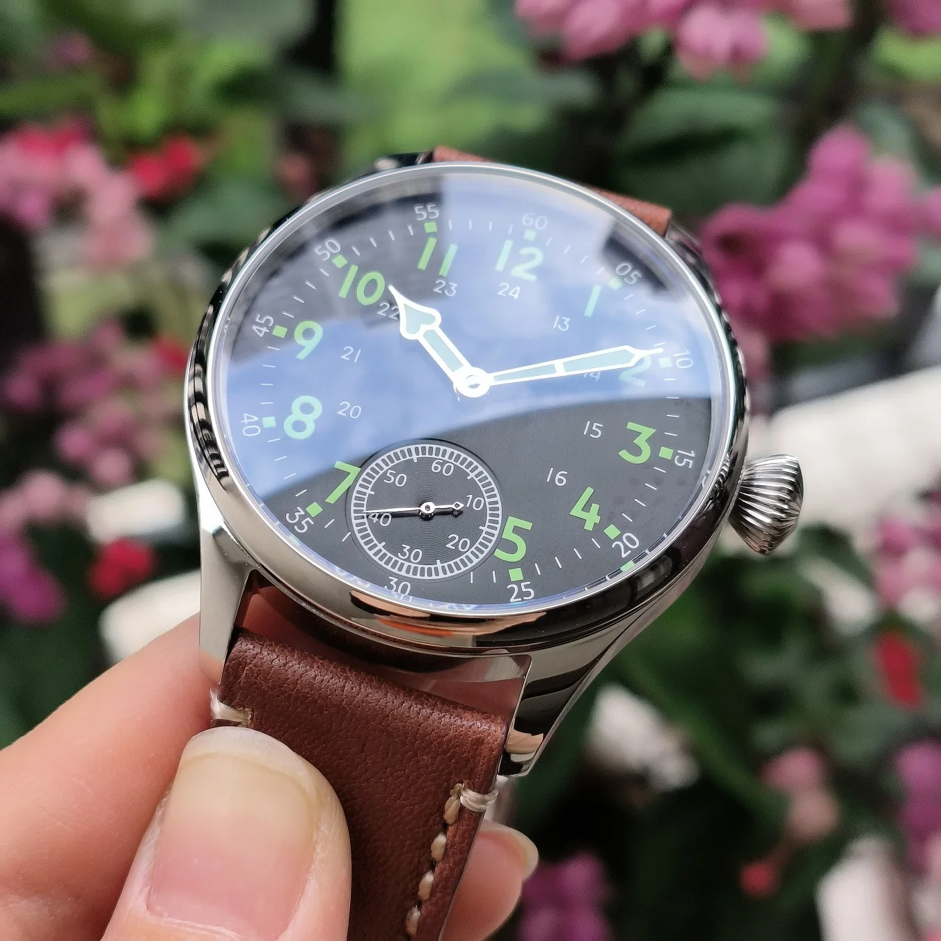 no logo 41mm 316L stainless steel case Black dial green number luminous Mechanical Hand Wind watch Sapphire or mineral glass