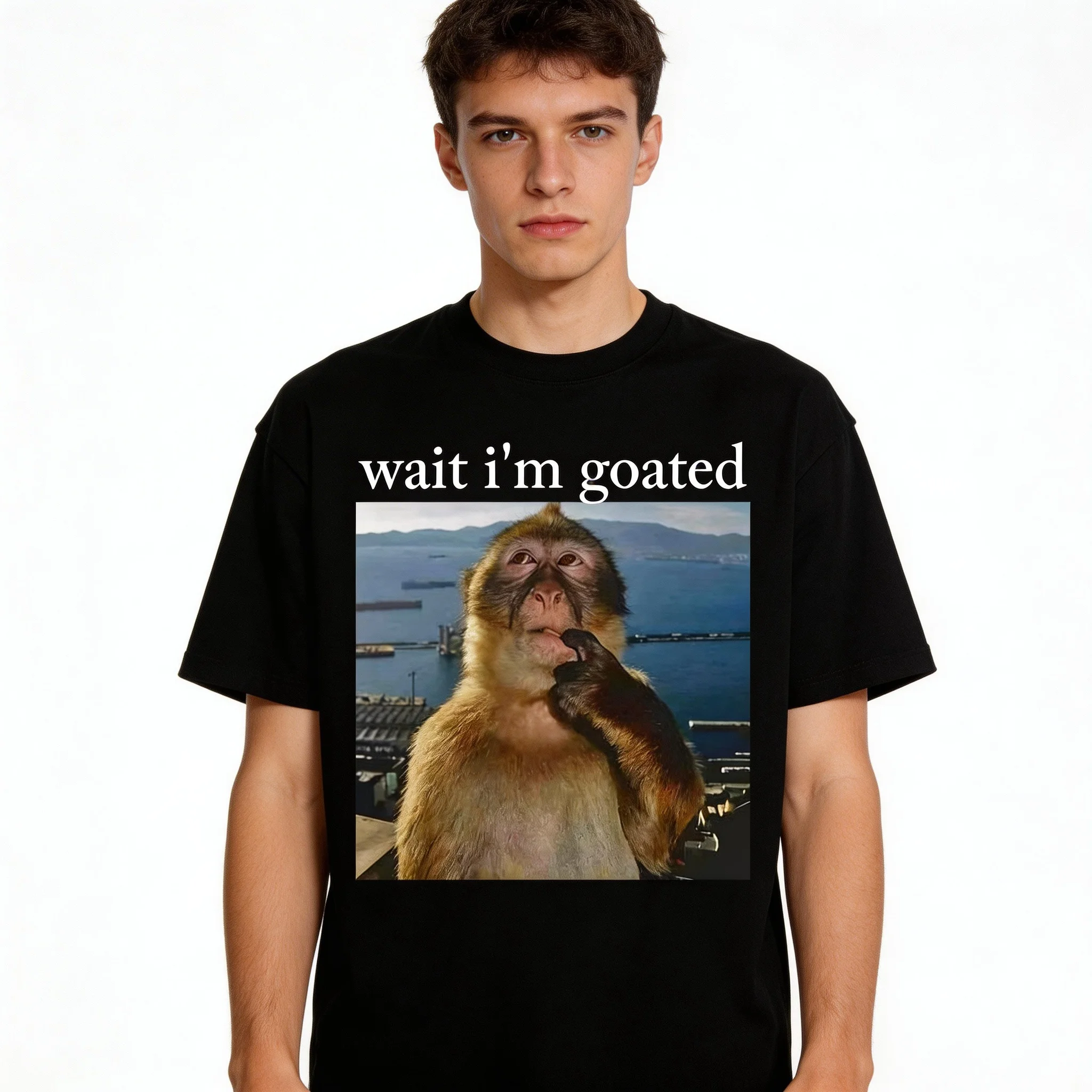 Thinking Monkey Meme T Shirt Wait I'm Goated Funny Summer Cotton Men's Women Harajuk T-shirt Short-sleeved Oversized Man T-shirt