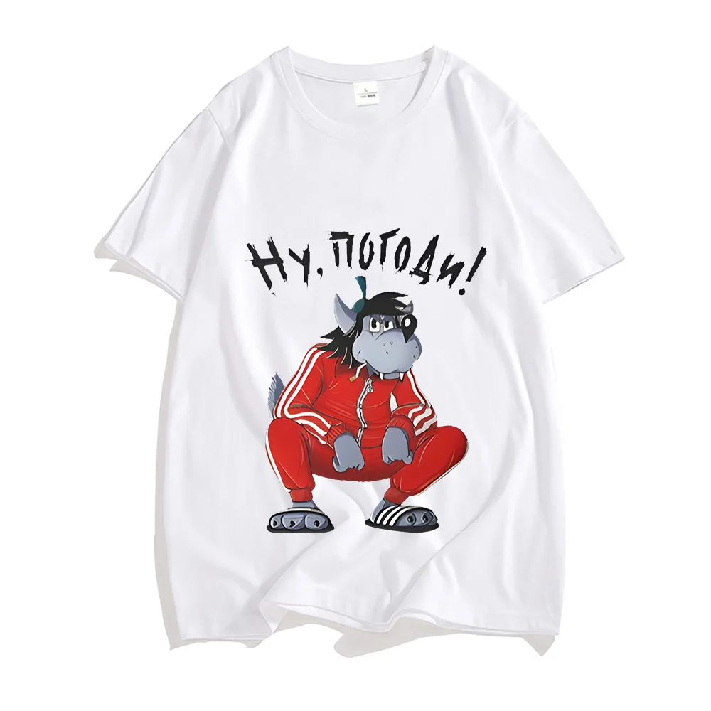 Unisex Cartoon Imprimir T-Shirt, Nu Pogodi Bem Só Você Espera Lobo, Harajuku Kawaii Tee, Bonito O-pescoço Tops