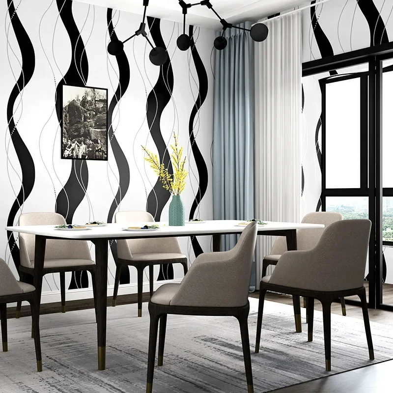 Wavy wallpaper black and white vertical stripe modern simple geometry Nordic style bedroom living room TV background wallpaper