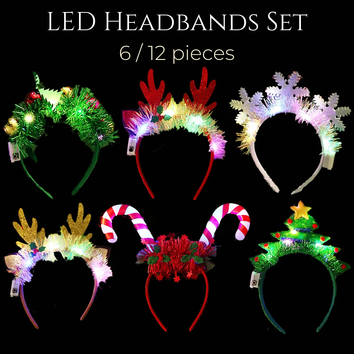 6/12 Pcs Light Up Christmas Headband LED Lights Christmas Headwears Headpieces for Christmas Party Supplies Favors