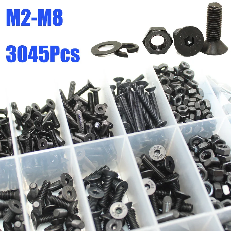 up to 3045/2545p M2 M2.5 M3 M4 M5 M6 M8 Hex Socket Flat Head Allen Screw Assortment Kit with Nut Washer and Hex Key Carbon Steel