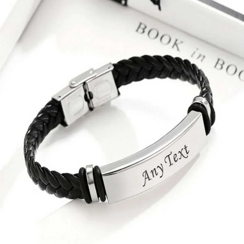 Custom Personalised Engrave Men Leather Bracelet Gift for Boyfriend Husband Brother Father Son   Grey s