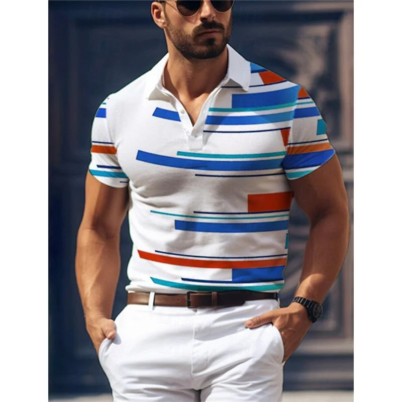 Geometry Striped Graphic Polo Shirt For Men Colorful 3D Printed Tees Summer Casual Lapel Short Sleeves Oversized Tops Streetwear