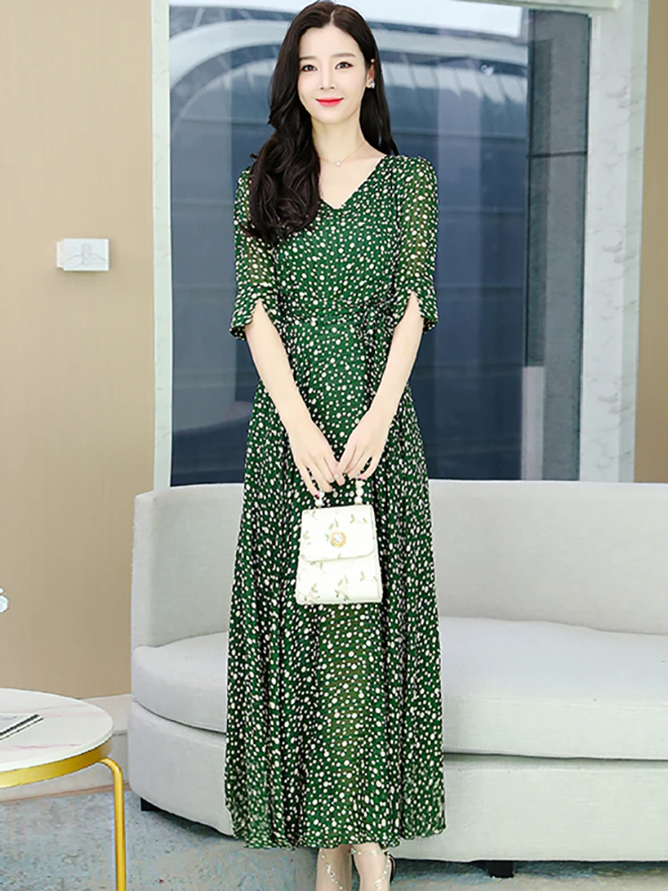white christmas dresses Artistic Style Floral Skirt Chiffon Dress Long Skirt Spring New Korean  Style Fairy Dress Ruffled Large Swing Skirt – pretty girl main image 1