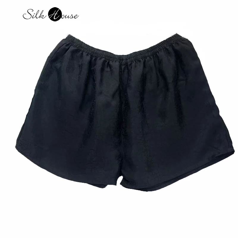 

Women's Casual Summer New 100% Natural Mulberry Silk Turtle Crack Gambiered Guangdong Gauze Black Elastic Waist Shorts