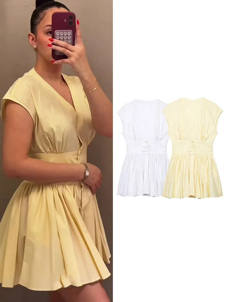 TFMLN Robe Courte Chemise Tendance pour Femme, Coupe Slim Décontractée, Manches Courtes, Col en V, B