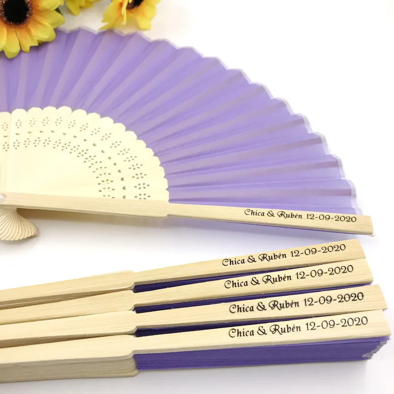 100PCS Personalized Wedding Silk Cloth Fan Unique Party Giveaway Gift Hand Folding Fans Custom Printing Name&Date