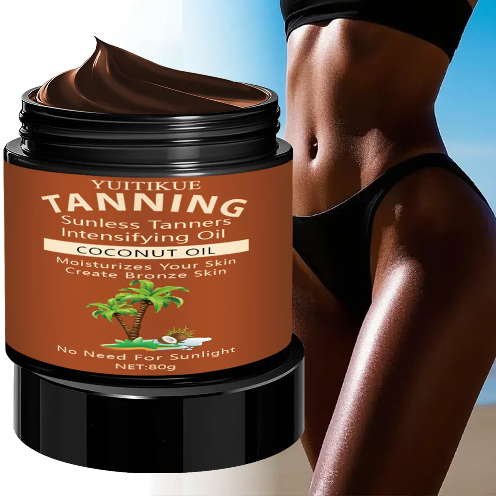 No hay expuestos para el sol, crema bronceadora brillante para el cuerpo, aceite de coco, hidrata la piel para dará una apariencia bronceada.