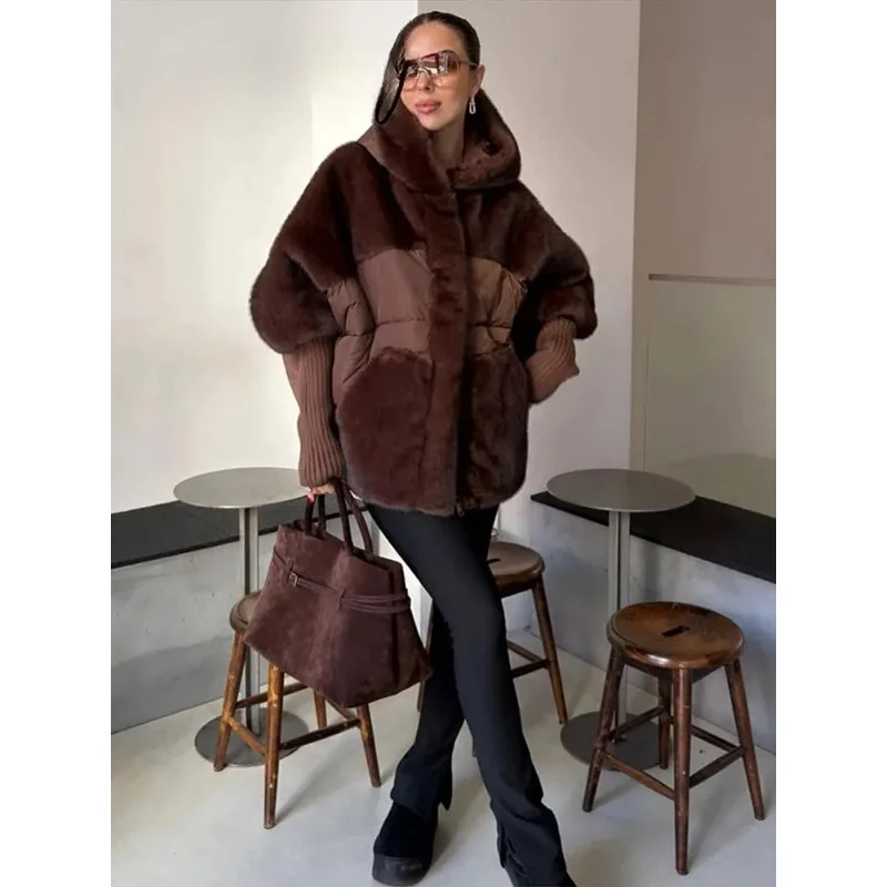 

Casual fur knitted patch jacket women's long sleeved hooded loose solid color warm and thick fashion
