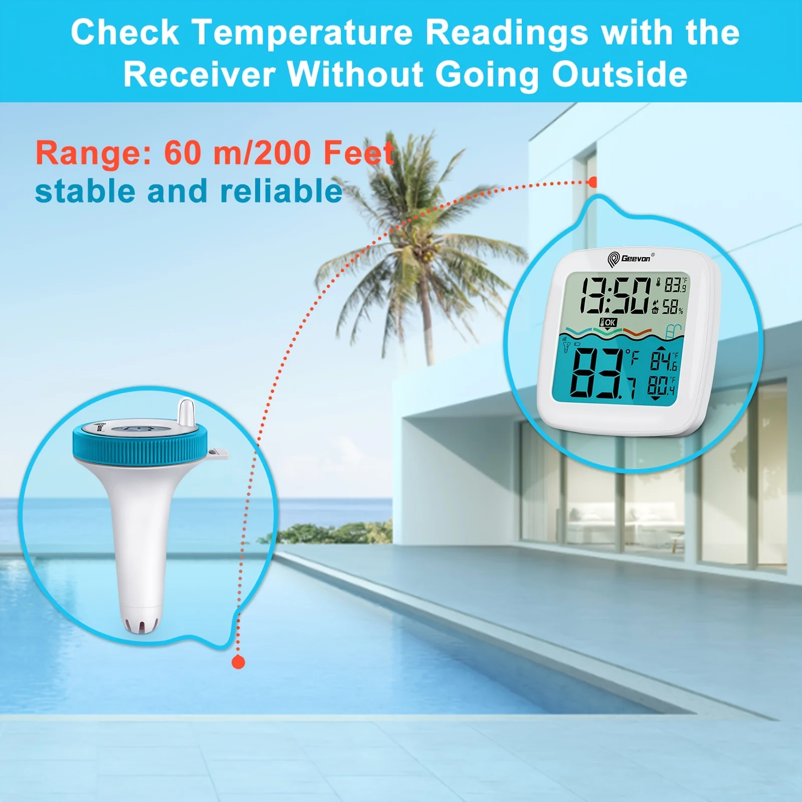 GEEVON-Termômetro Piscina Flutuante Sem Fio, Leitura Fácil, Digital, Temperatura Interior, Monitor de Umidade