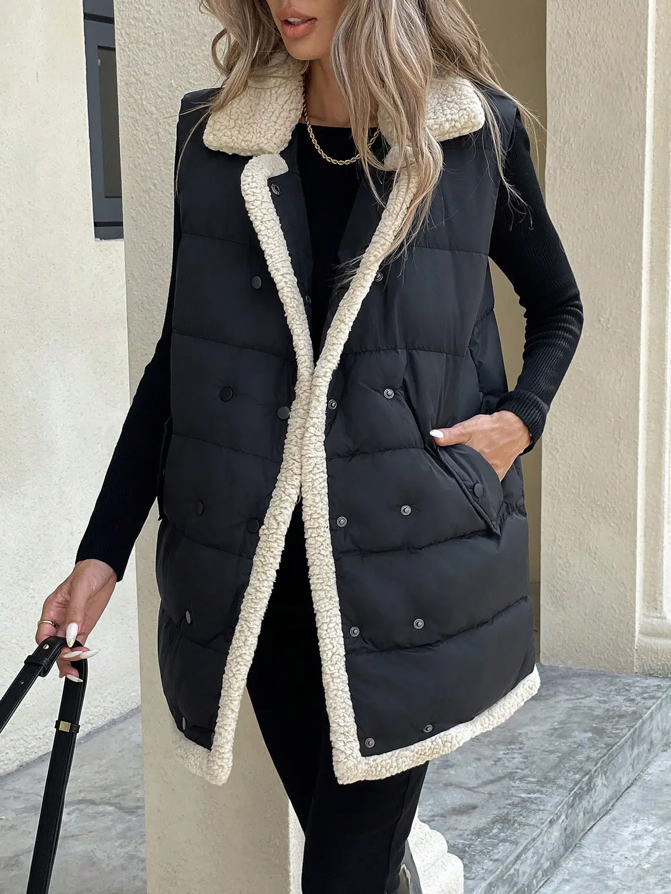 معطف نسائي مبطن كاجوال بألوان متباينة وزر أمامي بدون أكمام وجيب #4