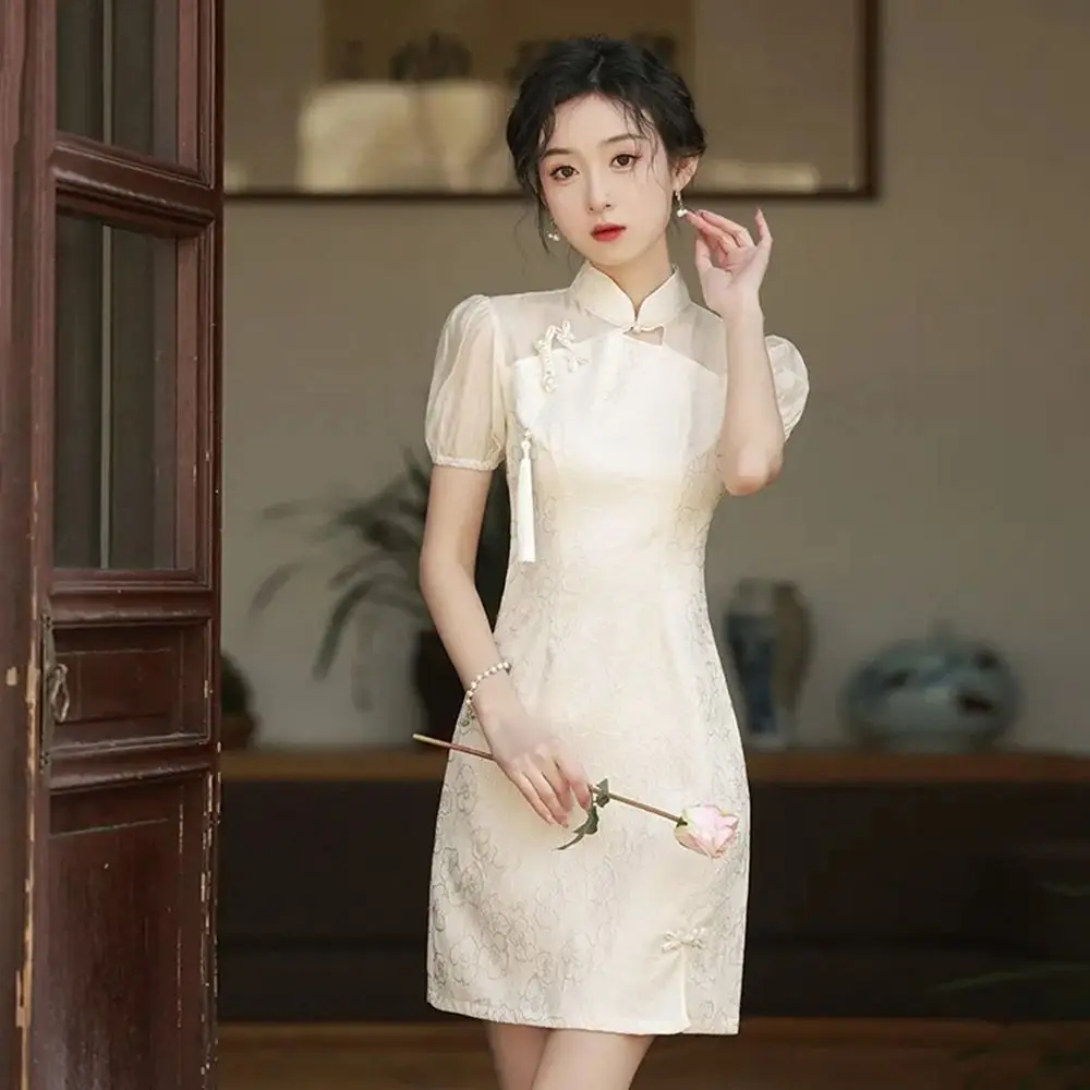 

Embroidery Cheongsam Short Skirt Chinese Style Women Chi-pao Stand Collar Chinese Traditional Traditional Chinese Clothing