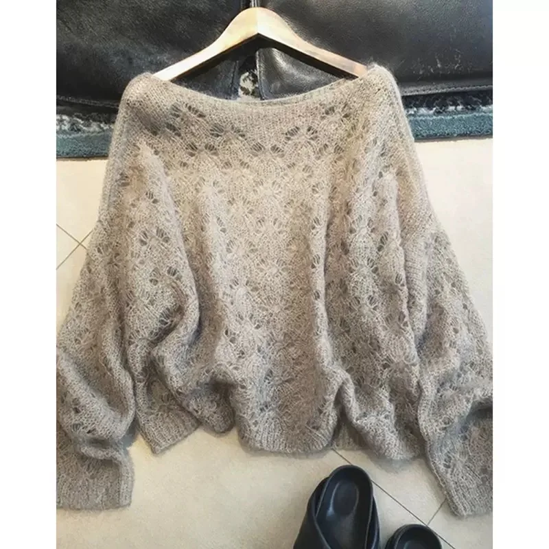 

Полый серый свитер 2023, ранняя осень, тонкий женский свитер из ленивого мохера для отдыха