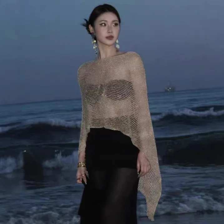 

2026 Shawl Spice Girls Slash Shoulder Sunscreen Women's Knitted Sweater Irregular Hollow Beach Blouse Vacation Sunscreen Shawl