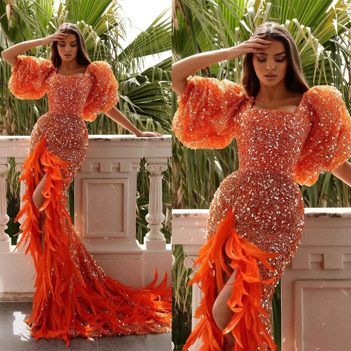 

Fashion Feathers Orange Prom Dress Lace Sequined Evening Gowns Puffy Sleeves Side Split Party Dresses Custom Made