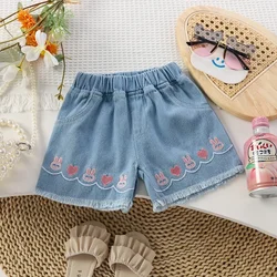 Children's High Waist Holes Big Children Girls Wear Wide Hot Pants Girls' Denim Shorts 2024 New Style