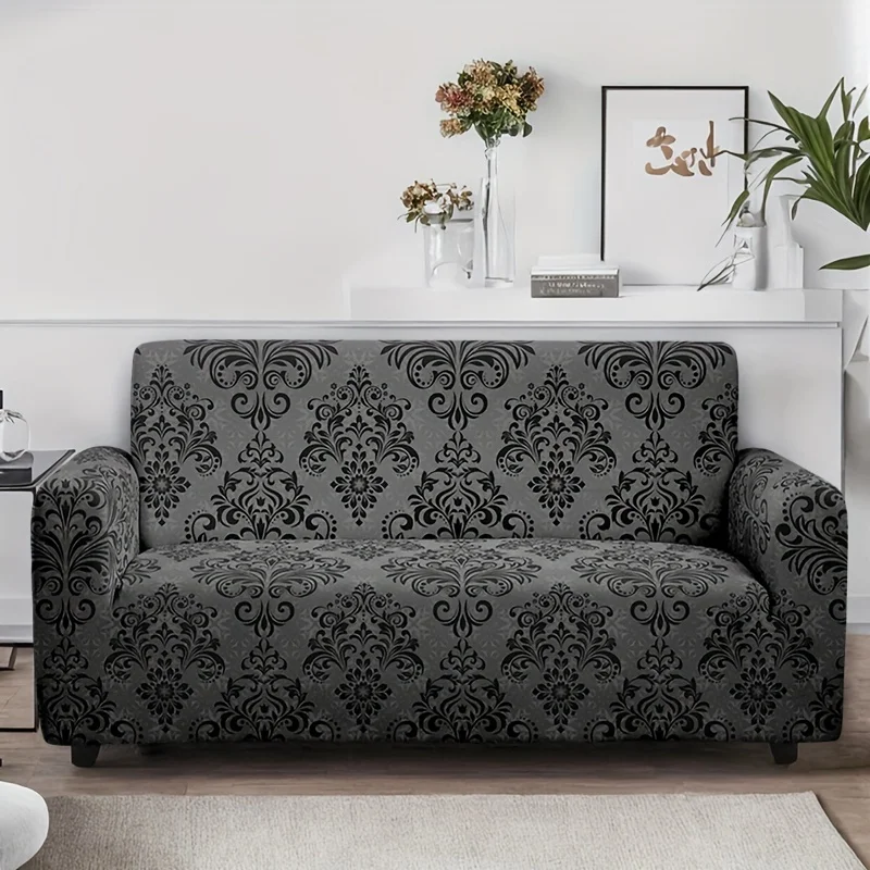 

1pc Elegant Black Damask Print Gray Stretch Sofa Cover, Vintage Floral Couch Slipcover for Modern Home Decor