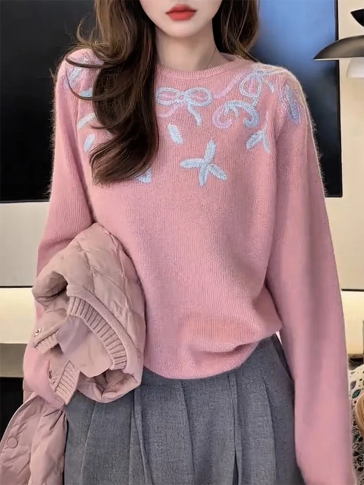 

Ele Embroidered round Ne Sweater with Knot for Women plus Size Versatile Agel Autumn Winter New Sle