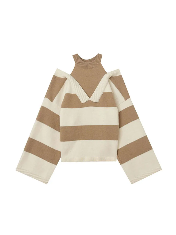 Women Sweaters Striped Fake Two Pieces Off Shoulder Slash neck Pullovers Womens Trendy 2022 Autumn Winter New Chic Knitwear Tops