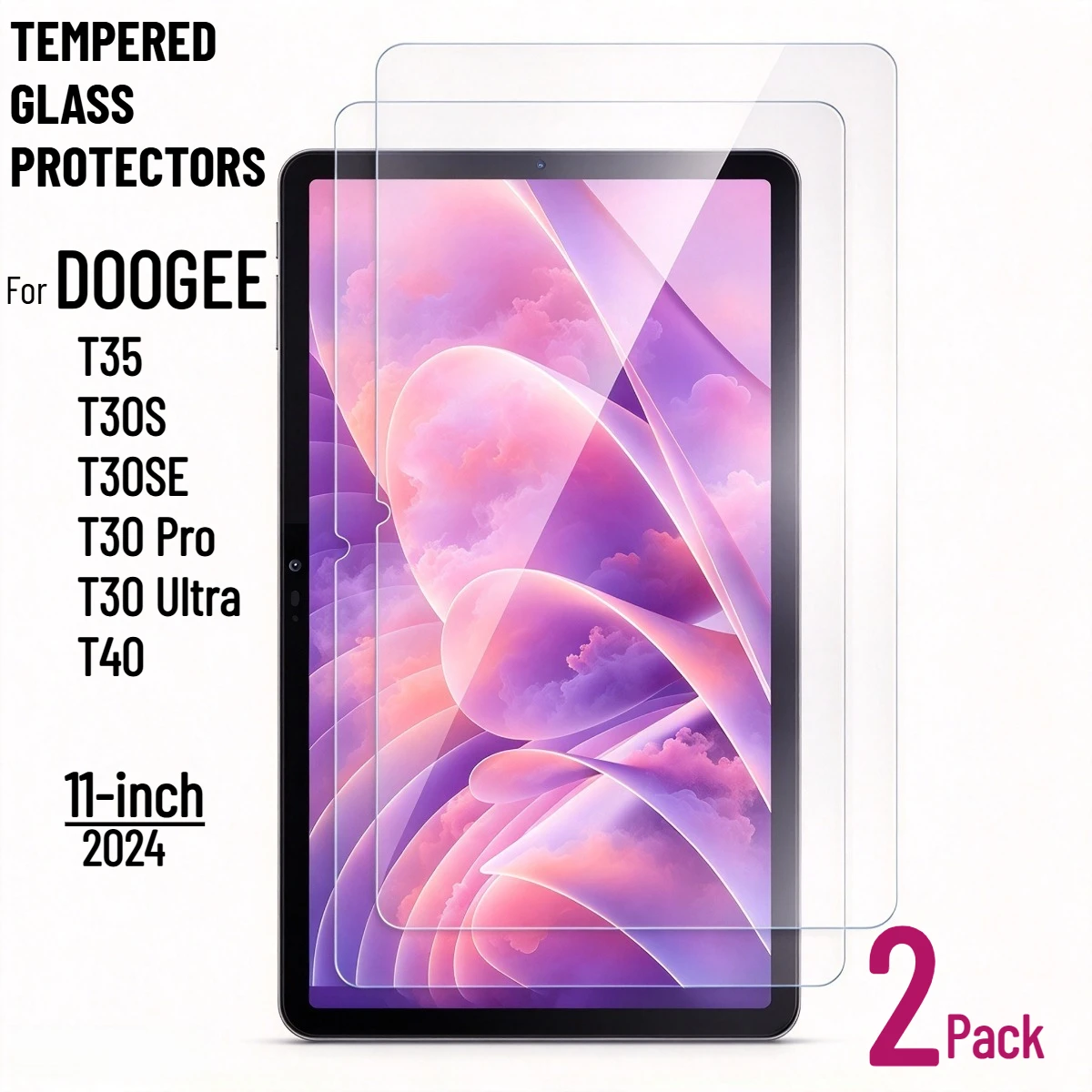 2 Pack Glass Film for DOOGEE T40 T35 T30S T30SE / T30 Ultra / T30 Pro 11” Tablet Screen Protector 9H Anti-Scratch Screen Guard