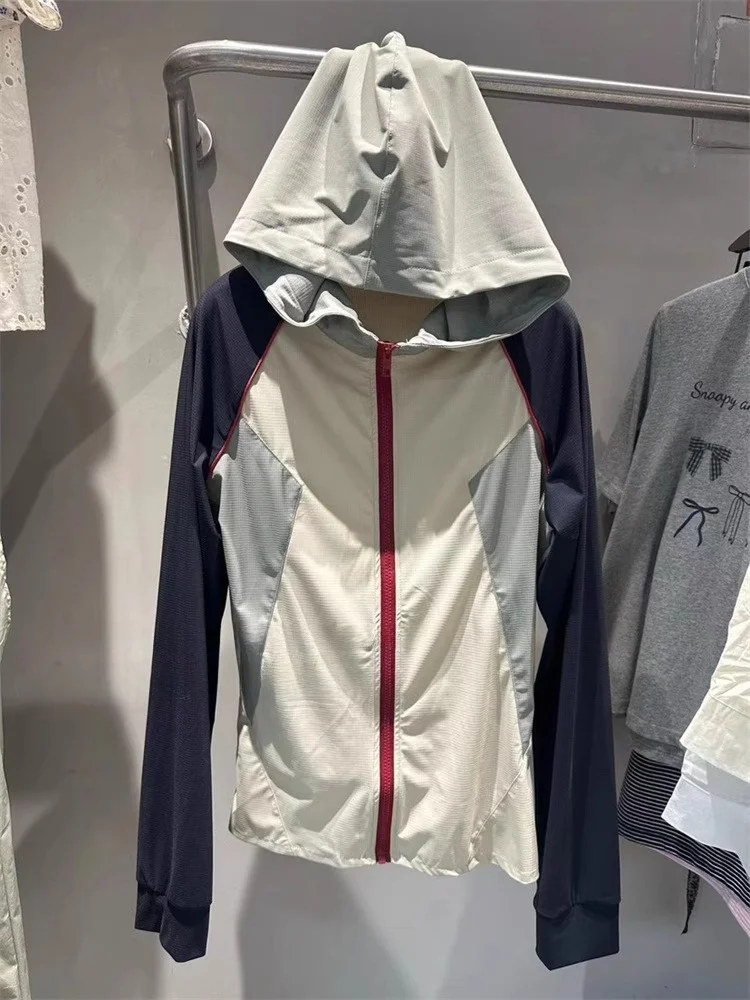 

Pastoral Nomadic Style Color Block Hooded Shoulder Sleeve Women's Summer Sun Protection Open Cardigan Trendy Autumn Top Coat