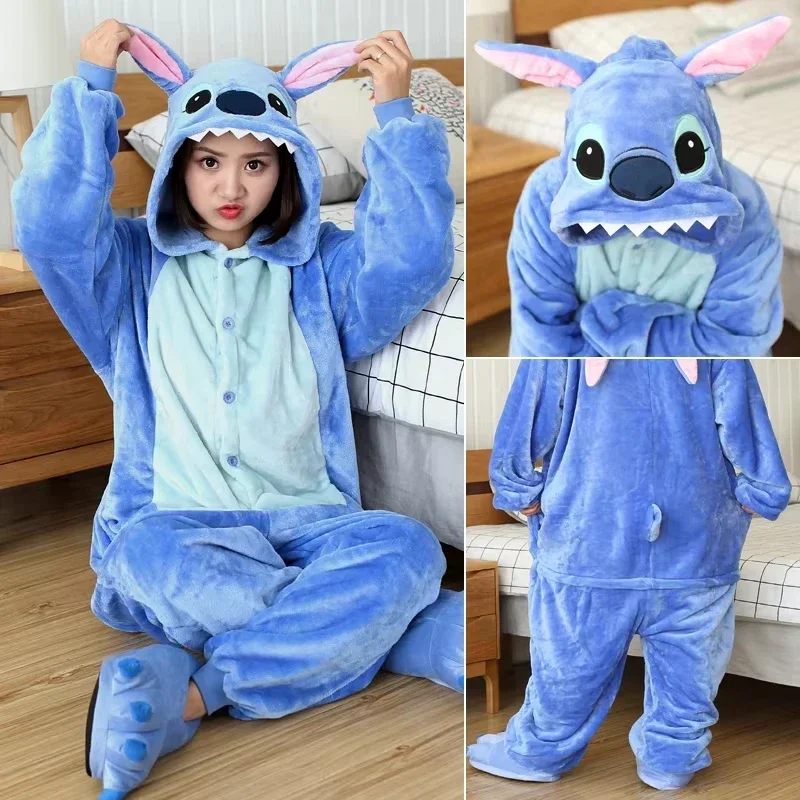 Disney Stitch Winter Adult Jumpsuit Men\'s and Women\'s Sleepwear Set Integrated Halloween Christmas Hooded Cartoon Jumpsuit