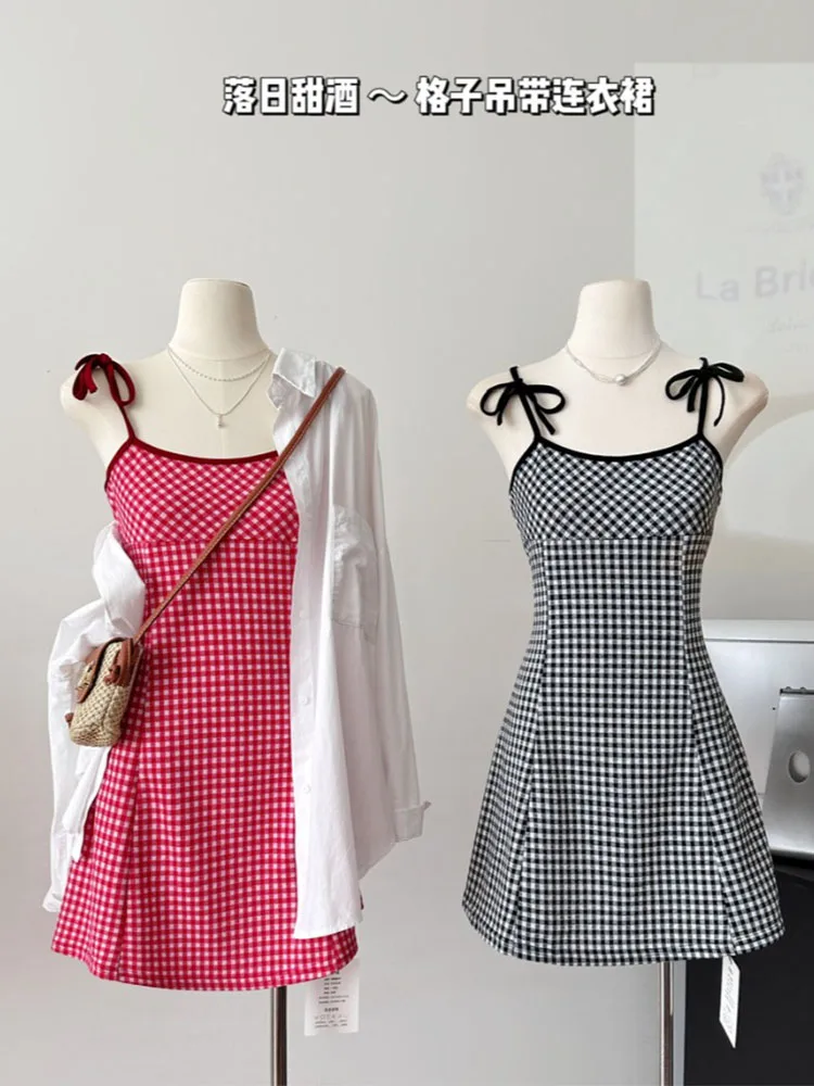 Japanese Fashion One-Piece Frocks Sleeveless Off Shoulder Women Basic Plaid A-Line Dress Office Lady Sundress Elegant New Design