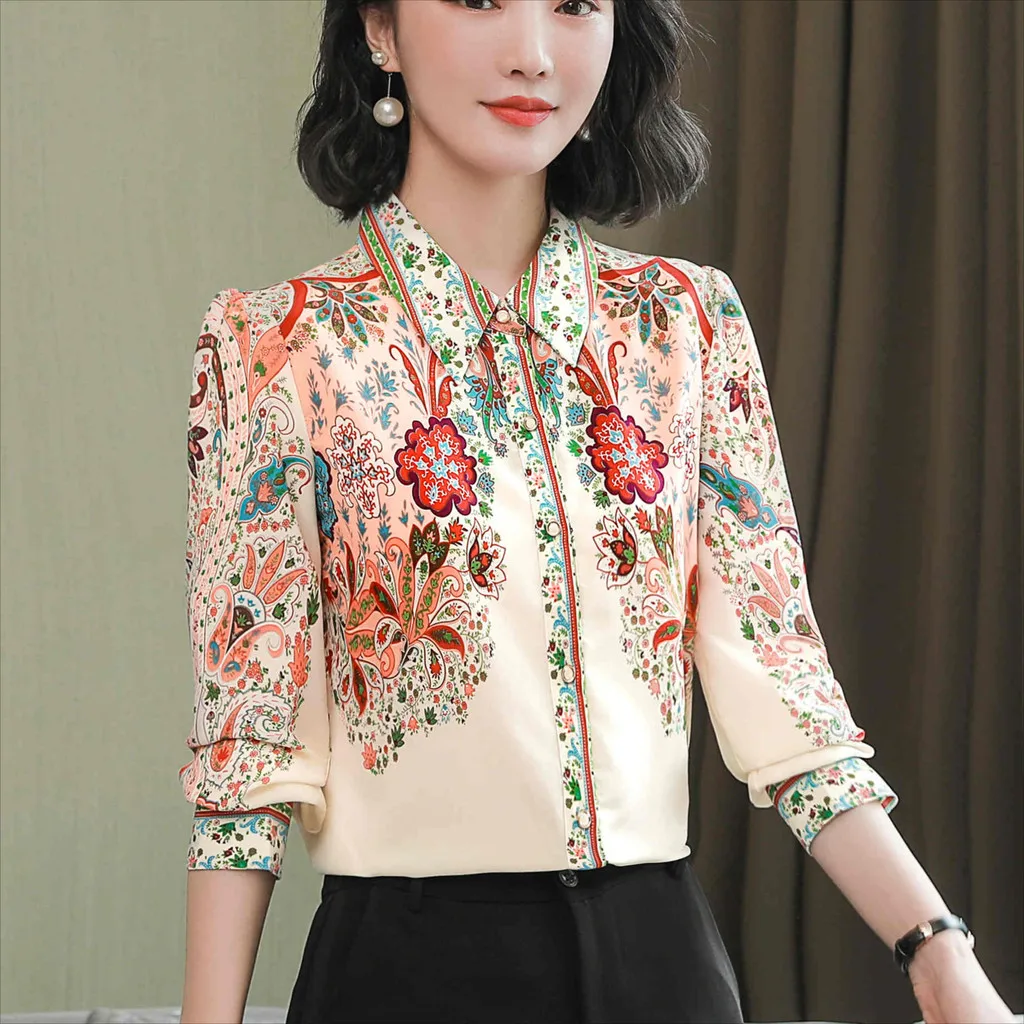 

Fashion Korean Casual Office Shirt Tops Vintage Flower Prints Long Sleeve Ladies Blouse