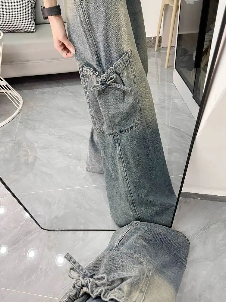 여성 빈티지 블루 보우 레이스업 멀티 포켓 Y2K 카고 청바지 90년대 아메리칸 레트로 스트릿웨어 하이웨이스트 루즈 와이드 레그 데님 팬츠