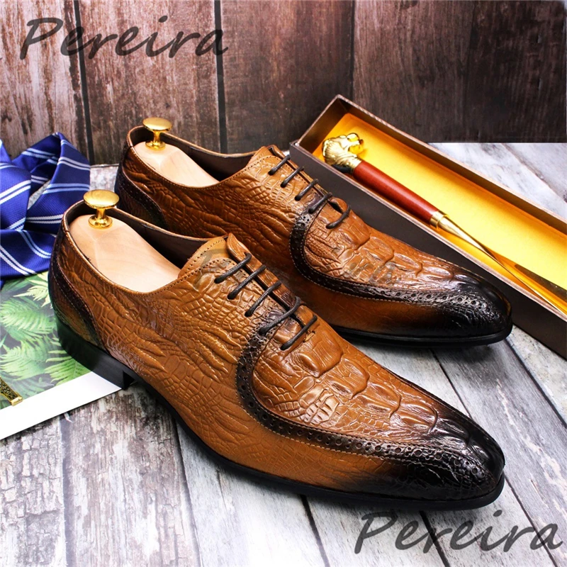 

Black Brown Cowhide Crocodile Patterned Leather Shoes for Men British Pointy Toe Lace-Up Oxford Shoes Wedding Banquet Shoes