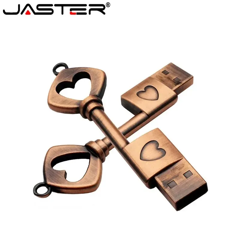 JASTER Copper Love Heart Shaped Key Usb Flash Drive Pendrive Pen Drive 32GB 64GB Metal Keys Memory Stick Creative Wedding Gift