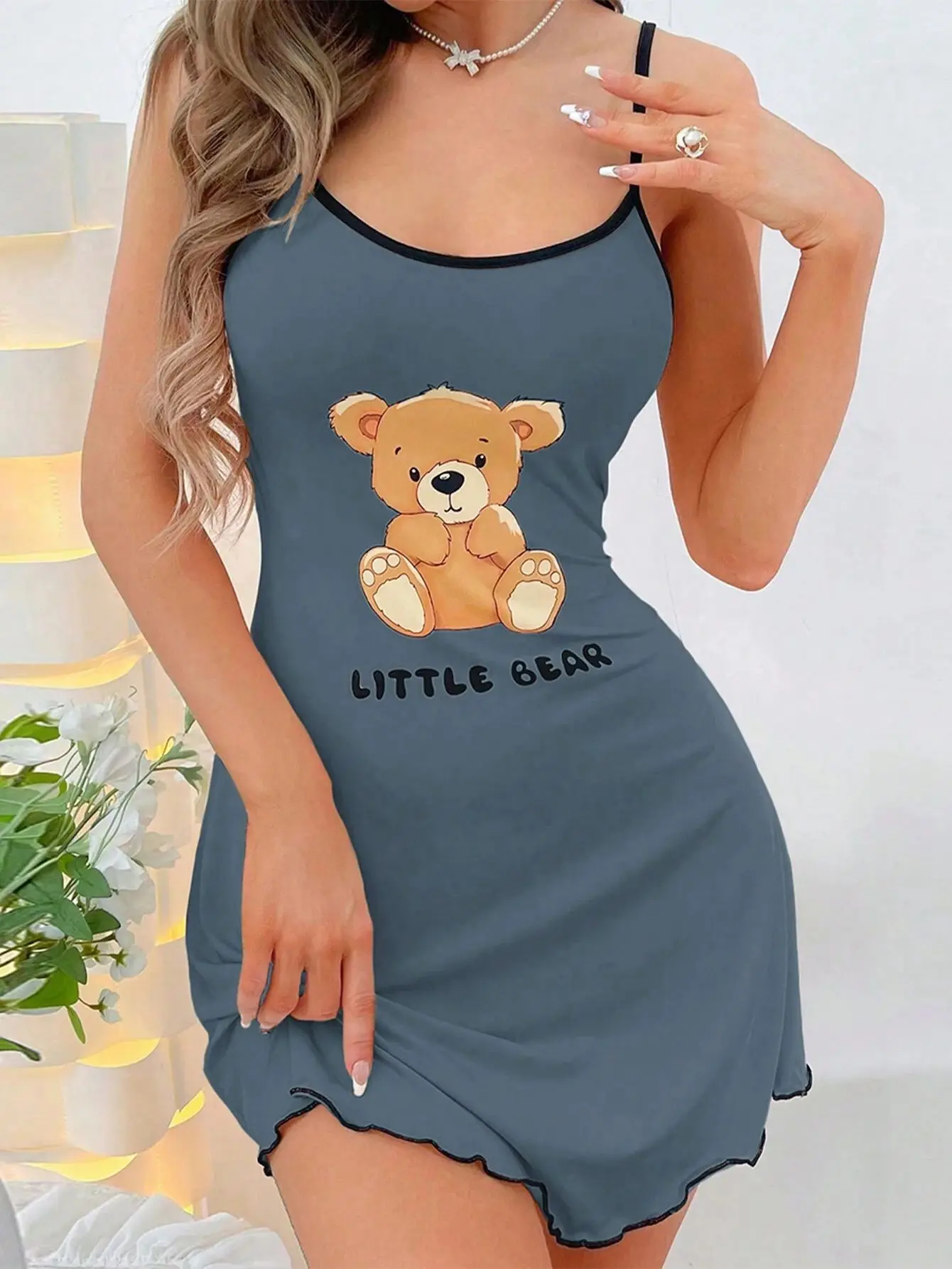 New Womens Sexy Little Bear Print Nightgown Cute Cami Sleep Dress Mini Spaghetti Strap Lettuce Hem Contrast Trim Loungewear image 5
