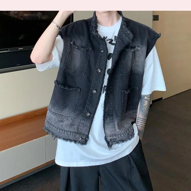 Trend Loose Casual Denim Vests for Men Multi-Pocket Ripped Sleeveless Fashion Comfortable Male Waistcoat Solid Color All-match