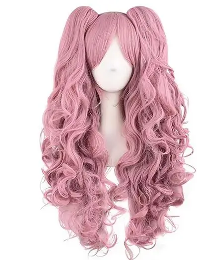 Women 70cm Long Blue Mixed Pink Wavy Braided 2 Ponytails Synthetic Party Cosplay Wig 30 Colors Available