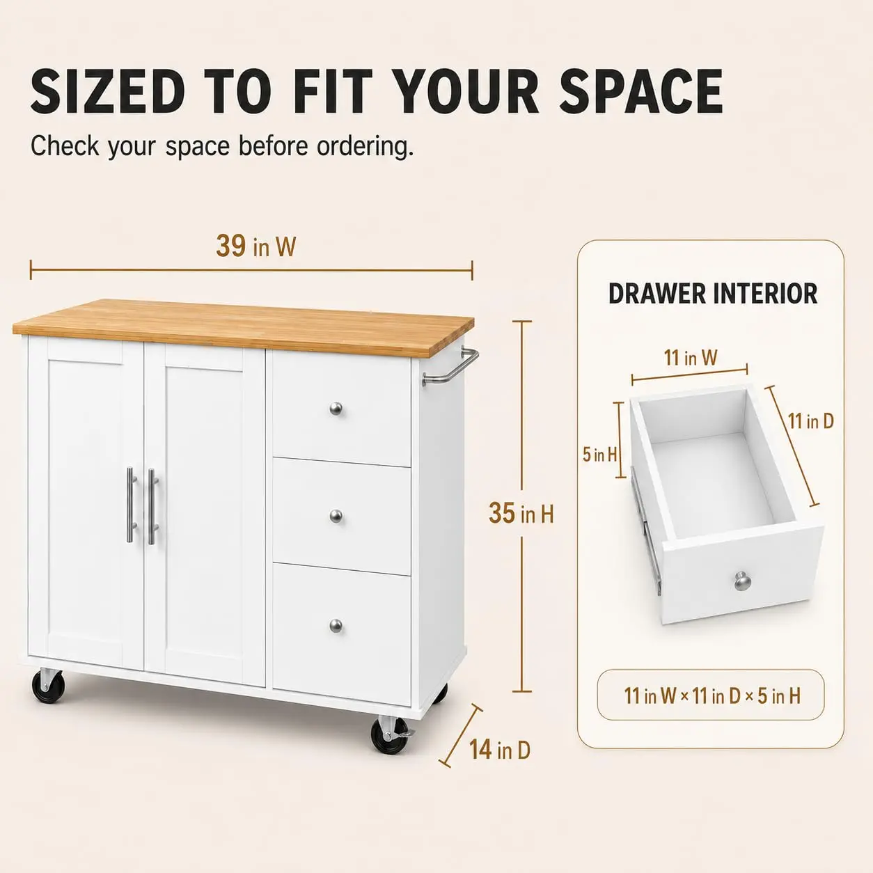 Kitchen Island Cart with Drop Leaf, 3 Drawers & Shelf, 150 Lb Capacity, 4 Wheels 2 Brakes, Easy Assembly, Customized